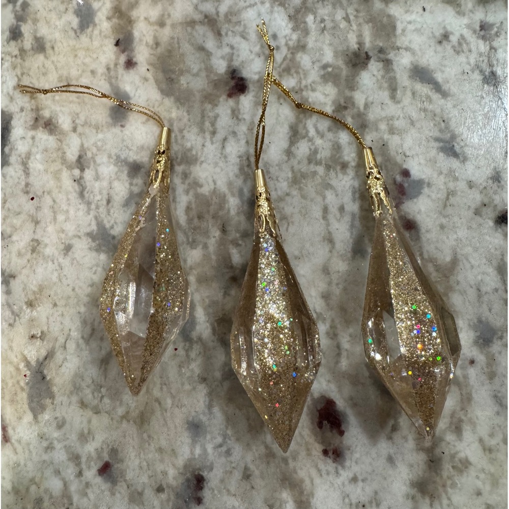 Gold Glitter Faceted Acrylic Icicle Drop Christmas Ornaments Set of 3 4.5 Inch